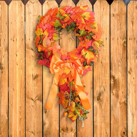 Autumn Harvest Festival Maple Leaf Wreath Artificial Rattan Ring Hanging Garland With Orange Bow Home Wall Door Decoration