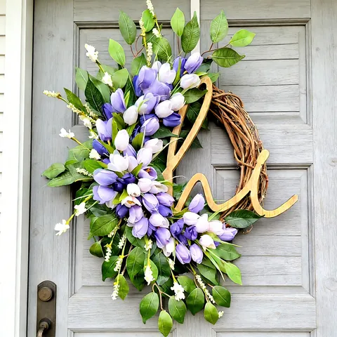 Spring Tulip Wreath Artificial Flower Garland With Natural Rattan Base And Wooden Hi Letter For Home Door Wall Easter Decoration
