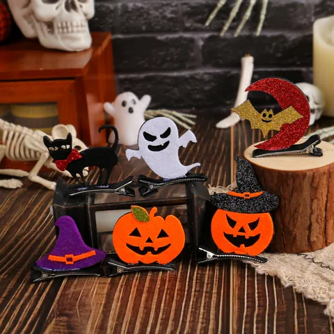 Halloween Kids Hair Clips Felt Pumpkin Ghost Bat Black Cat Glitter Hair Pins For Girls Halloween Party Dress Up Accessories Gift