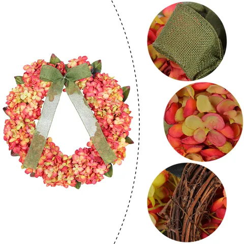 Artificial Hydrangea Wreath Thanksgiving Autumn Door Hanging Garland Fall Decor With Green Burlap Bow For Wall Farmhouse Home Ornament
