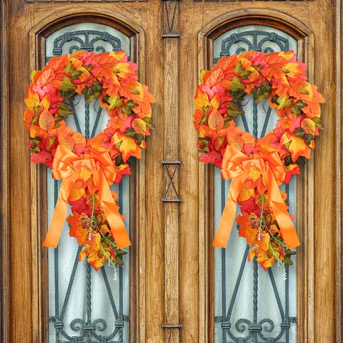 Autumn Harvest Festival Maple Leaf Wreath Artificial Rattan Ring Hanging Garland With Orange Bow Home Wall Door Decoration