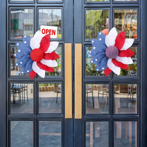 American Independence Day Wreath Patriotic Red White Blue Burlap Sunflower Door Wreath Stars Stripes Festive Hanging Decoration National Day Decor