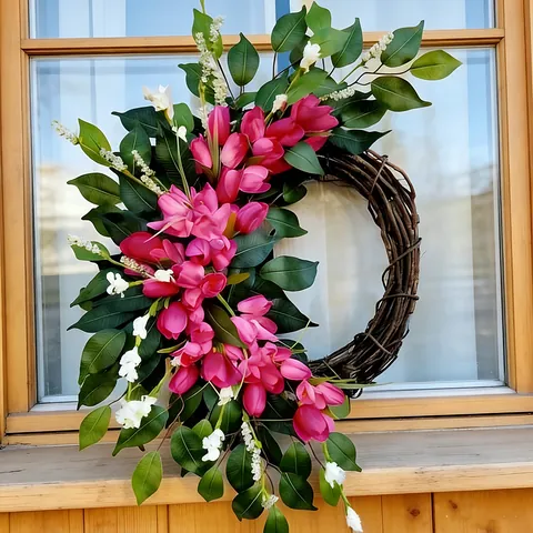 Spring Tulip Wreath Artificial Flower Garland With Natural Rattan Base And Wooden Hi Letter For Home Door Wall Easter Decoration