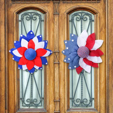 American Independence Day Wreath Patriotic Red White Blue Burlap Sunflower Door Wreath Stars Stripes Festive Hanging Decoration National Day Decor