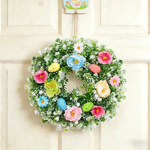 Easter Wreath with Colorful Spotted Eggs and Artificial Spring Flowers Mixed Plant Foliage Decorative Front Door Hanging Garland for Holiday Home Decor