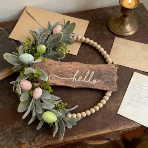 Easter Wreath With Wooden Sign Hello Bunny Ear Leaves Speckled Eggs Artificial Leaf Wreath For Front Door Spring Home Decoration