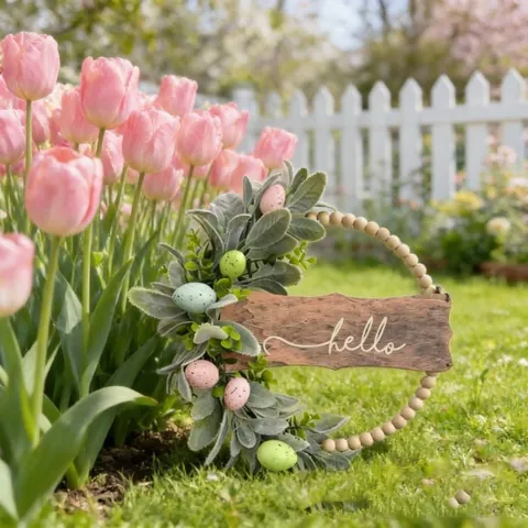 Easter Wreath With Wooden Sign Hello Bunny Ear Leaves Speckled Eggs Artificial Leaf Wreath For Front Door Spring Home Decoration