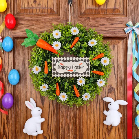 Easter Wreath Artificial Eucalyptus Daisy Flower Orange Carrot Welcome Sign Happy Easter Front Door Wall Hanging Decor