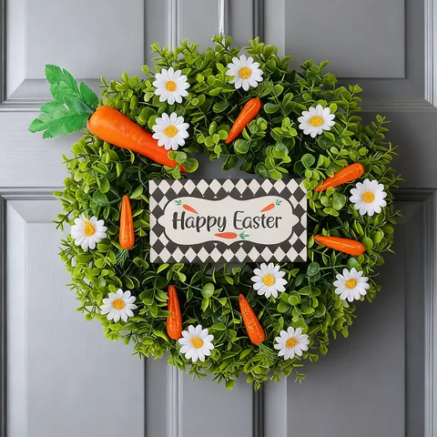 Easter Wreath Artificial Eucalyptus Daisy Flower Orange Carrot Welcome Sign Happy Easter Front Door Wall Hanging Decor