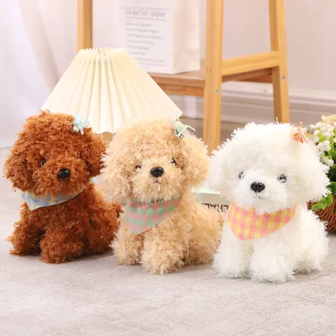 Cute Soft Short Plush Poodle Dog Stuffed Animal Toy With PP Cotton Filling Lattice Scarf Bow For Wedding Party Gift Decor