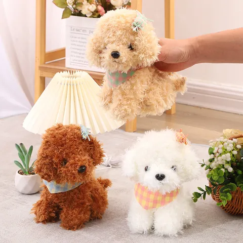 Cute Soft Short Plush Poodle Dog Stuffed Animal Toy With PP Cotton Filling Lattice Scarf Bow For Wedding Party Gift Decor