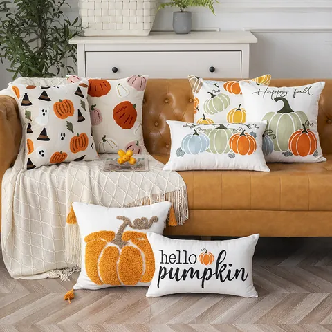 Halloween Kürbis Segeltuch Kissenbezug Mit Handtuch-Stickerei Herbst Deko Sofa Kissenhülle Halloween Geist Hexenhut Home Dekor