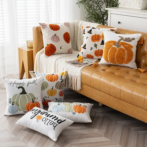 Halloween Kürbis Segeltuch Kissenbezug Mit Handtuch-Stickerei Herbst Deko Sofa Kissenhülle Halloween Geist Hexenhut Home Dekor