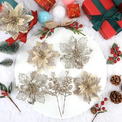 18 Pezzi Fiori di Natale Artificiali e Bacche Set Oro Brillantini Poinsettia per Decorazione Albero di Natale Ghirlanda Ornamenti Casa Festa