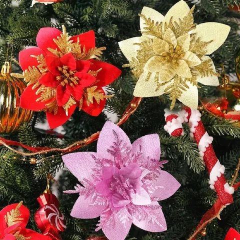 Stelle di Natale Artificiali Brillantinate Fiori di Natale Ornamenti da Appendere per Albero di Natale Festival Capodanno Decorazione Fiori in Tessuto