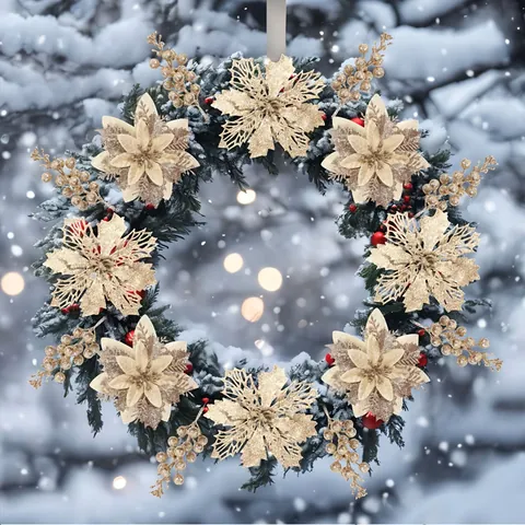 18 Pezzi Fiori di Natale Artificiali e Bacche Set Oro Brillantini Poinsettia per Decorazione Albero di Natale Ghirlanda Ornamenti Casa Festa