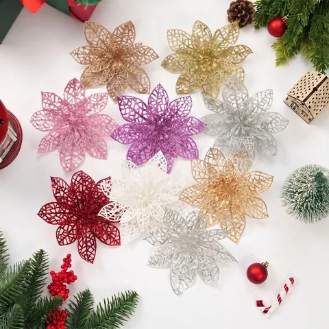 Simulation Poinsettia Hollow Flower Heads With Glitter Powder For Christmas Tree Decoration Artificial Plastic Flowers For Home Party Decor
