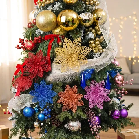 Simulation Poinsettia Hollow Flower Heads With Glitter Powder For Christmas Tree Decoration Artificial Plastic Flowers For Home Party Decor