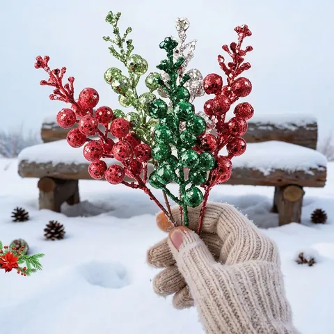 Artificial Christmas Berry Stems Glitter Sequin Holly Berries For DIY Wreath Garland Christmas Tree Decoration Home Ornaments