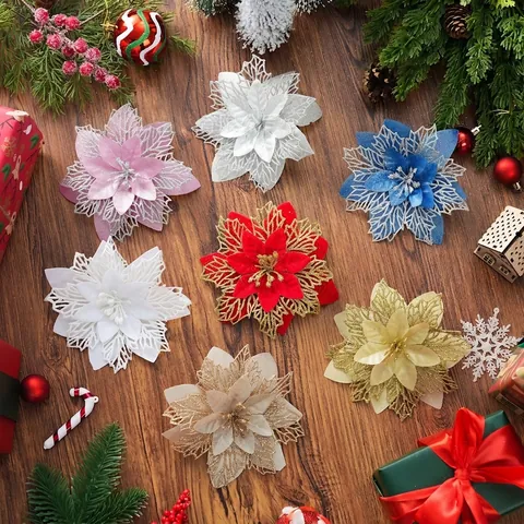 Artificial Christmas Flowers Glitter Poinsettia Ornaments For Christmas Tree Wreath Garland Decoration Festive Party Decor