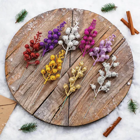 Artificial Christmas Berry Stems Glitter Sequin Holly Berries For DIY Wreath Garland Christmas Tree Decoration Home Ornaments