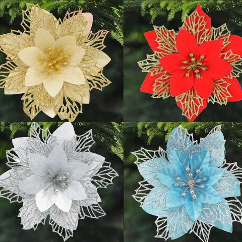Artificial Christmas Flowers Glitter Poinsettia Ornaments For Christmas Tree Wreath Garland Decoration Festive Party Decor