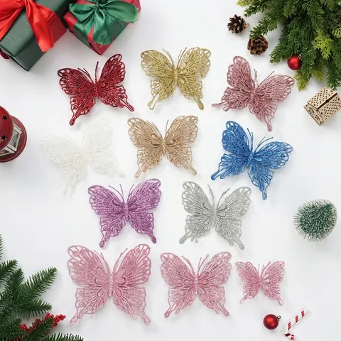 Christmas Large Butterfly Decorations Glitter Hollow Double Layer Butterfly For Christmas Tree Wreath Home Holiday Decor