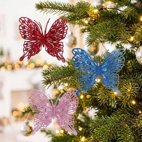 Christmas Large Butterfly Decorations Glitter Hollow Double Layer Butterfly For Christmas Tree Wreath Home Holiday Decor