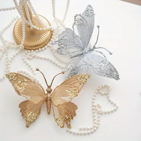 Glittery Mesh Butterfly Christmas Decoration Sparkling Artificial Butterfly Ornament With Artificial Pearls For Festive Tree Wedding