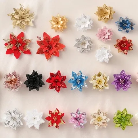 Glitter Artificial Christmas Flower Heads Poinsettia Ornament For Christmas Tree Wreath Garland Holiday Party Decor