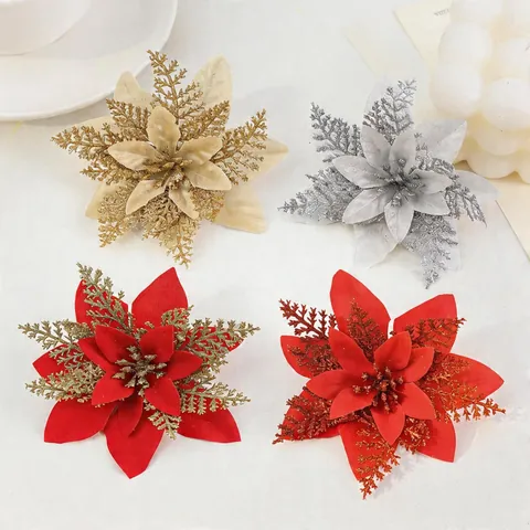 Glitter Artificial Christmas Flower Heads Poinsettia Ornament For Christmas Tree Wreath Garland Holiday Party Decor