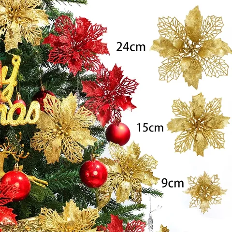 Fiori Artificiali di Poinsettia Brillantinati Doppio Strato Vuoti Decorazioni per Albero di Natale Finto Fiore in Plastica per Feste Casa