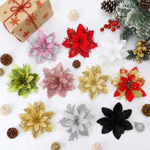 Decorazioni Floreali Natalizie Artificiali Glitter Poinsettia per Albero di Natale Ornamenti da Appendere Festa Arredamento Festivo Oggetti di Scena