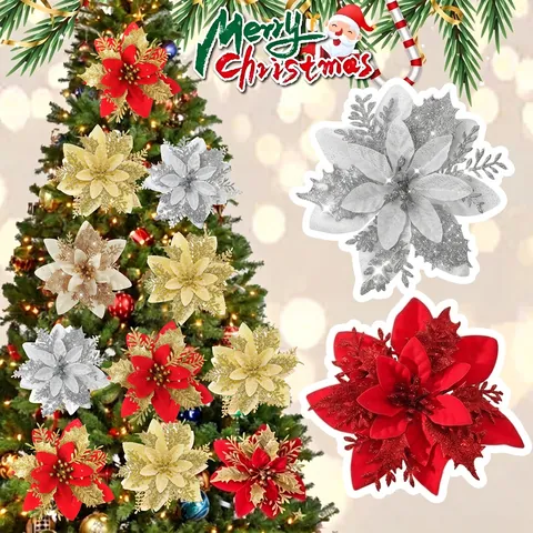 Decorazioni Floreali Natalizie Artificiali Glitter Poinsettia per Albero di Natale Ornamenti da Appendere Festa Arredamento Festivo Oggetti di Scena