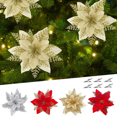 Glitter Artificial Christmas Poinsettia Flowers For Christmas Tree Decoration Home Holiday Party Festive Floral Ornament