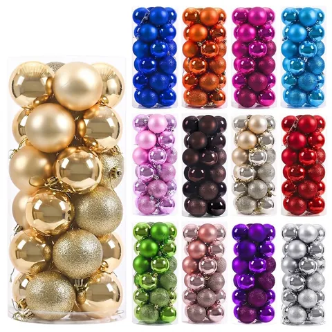 Sets de Bolas de Navidad Clásicas de Plástico Galvanizadas Brillantes Mates con Purpurina Decoración para Colgar en el Árbol Ornamentos de Fiesta Pack de Regalo