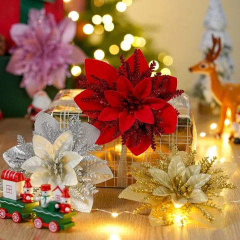 Fiori di Natale Artificiali Stelle di Natale Ornamenti Polvere Glitterata Mimosa in Plastica per Albero di Natale Festa