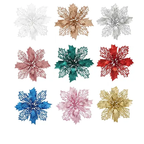 Glitter Christmas Poinsettia Flowers For Christmas Tree Decoration Hollow Out Simulation Flowers With Gold Powder For DIY Craft Holiday Home Decor
