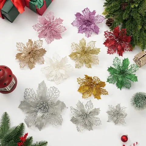 Glitter Christmas Poinsettia Flowers For Christmas Tree Decoration Hollow Out Simulation Flowers With Gold Powder For DIY Craft Holiday Home Decor