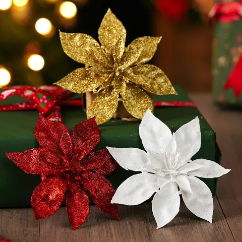Künstliche Weihnachtsstern Blumen Glitzer Kunststoff Blumenköpfe Für Weihnachtsbaumdekoration DIY Florale Handwerk Hochzeit Party Ornament