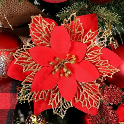 Fiori Artificiali di Stella di Natale Con Glitter Plastica Seta Finto Fiore per Decorazione Albero di Natale Corona Festa Ornamento