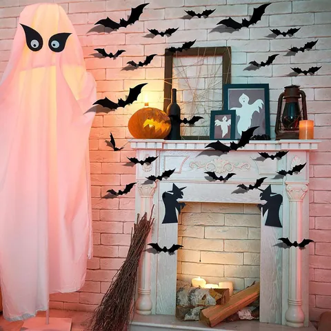 3D Halloween Bat Stickers Black Spider Wall Decals Plastic DIY Spooky Party Decor For Window Cabinet Halloween Supplies