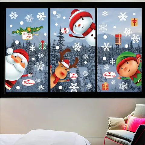 Autocollants de Fenêtre Noël Père Noël Bonhomme de Neige Renne Flocon de Neige Décalcomanies Recto Verso Statique Déco