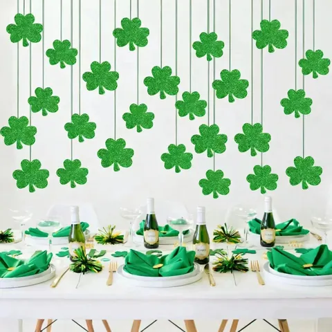 Green Glitter Shamrock Hanging Garland Decorations St. Patrick's Day Irish Festival Party Supplies Shamrock Banner For Wall Decor