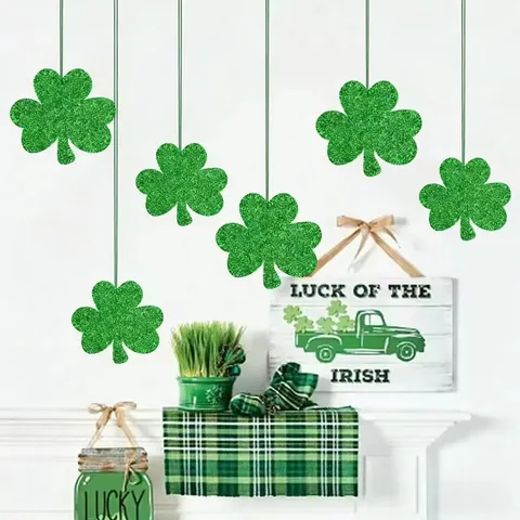 Green Glitter Shamrock Hanging Garland Decorations St. Patrick's Day Irish Festival Party Supplies Shamrock Banner For Wall Decor