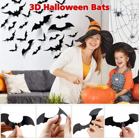 Halloween 3D Bat Wall Stickers Black Plastic DIY Spooky Bat Decals For Indoor Party Home Wall Decoration
