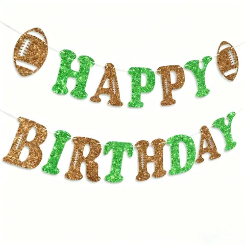 American Football Theme Birthday Banner Glitter Happy Birthday Sign Sport Party Decorations Green Brown Hanging Garland Supplies