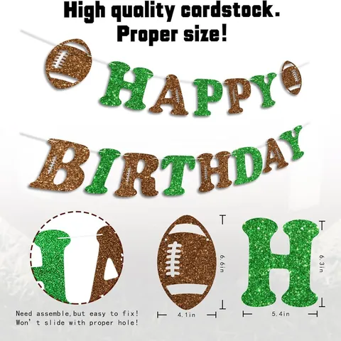 American Football Theme Birthday Banner Glitter Happy Birthday Sign Sport Party Decorations Green Brown Hanging Garland Supplies