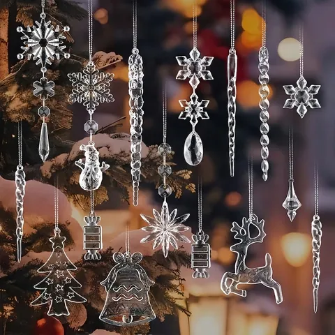 Juego de Adornos Colgantes de Navidad de Plástico Transparente Carámbanos Copos de Nieve Alce Árbol de Navidad Decoraciones Para Fiestas Hogar Centro Comercial