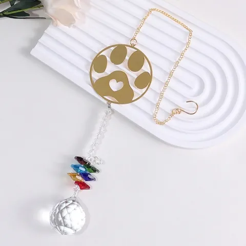 Rainbow Crystal Suncatcher Hanging Ornament With Life Tree And Animal Paw Print Metal Charms Colorful Prism Beads For Window Home Decor Gift